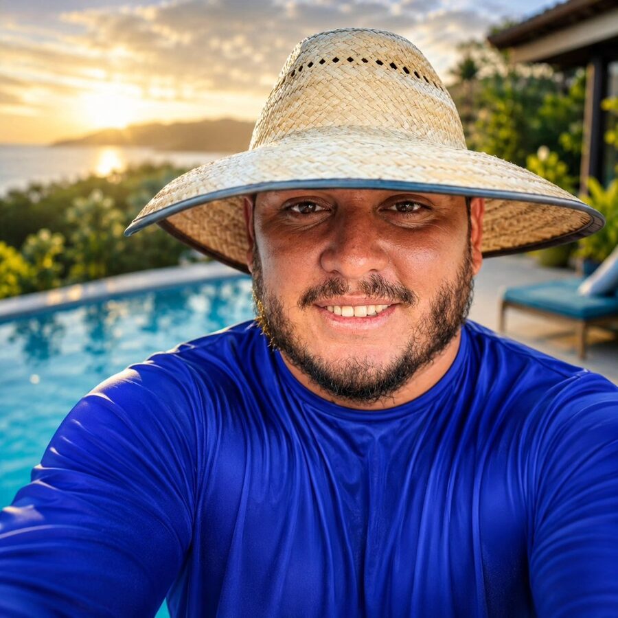 Maycon, piscineiro em Araraquara, de chapéu de palha na beira de uma piscina